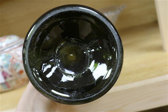 A cut glass bowl, two salts and a wine bottle, bottle height 23cm